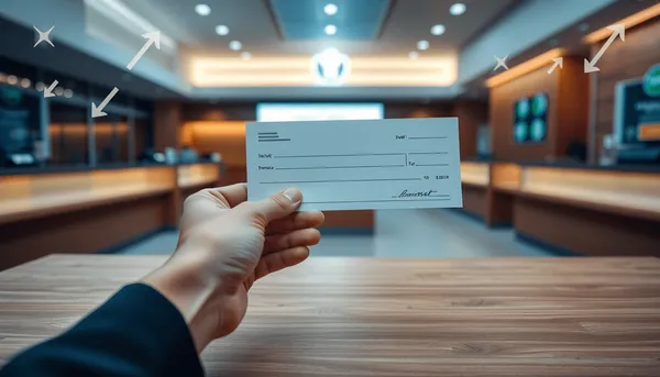 Gros plan sur une main tenant un chèque vierge au-dessus d'un bureau en bois