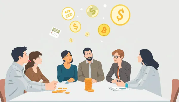Un groupe de personnes discutant de finances autour d'une table avec des pièces de monnaie
