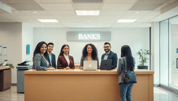 Intérieur de banque lumineux avec des employés sympathiques assistent les clients au guichet