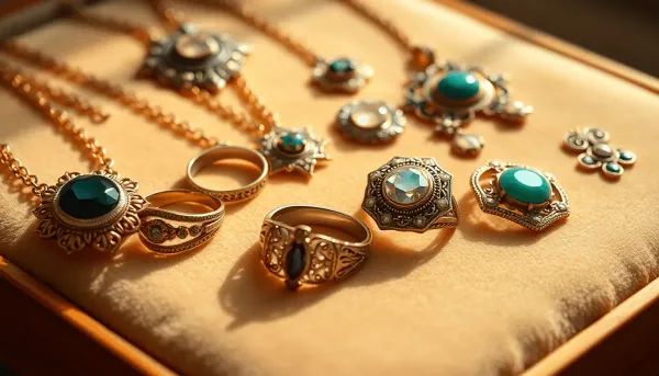 Gros plan de bagues et de colliers vintage ornés sur un doux velours
