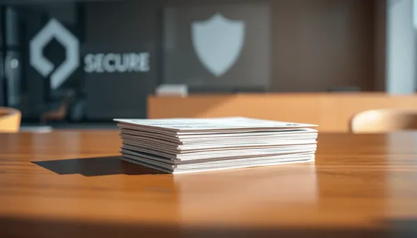 Gros plan d'une pile de chèques émis par une banque sur une table en bois poli avec un intérieur de banque