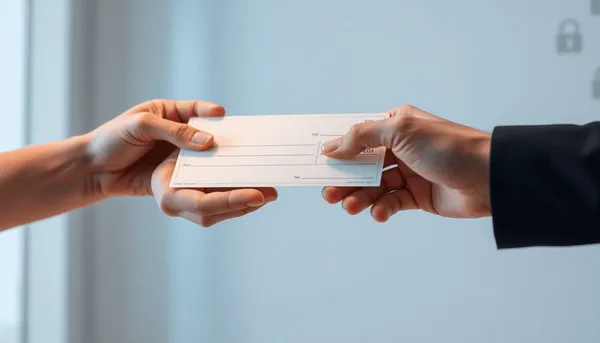 Deux mains échangeant un chèque bancaire dans un environnement bancaire sécurisé et doucement éclairé