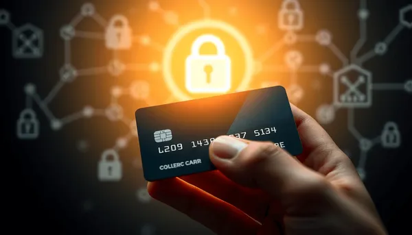 Gros plan d'une main tenant une carte bancaire avec un symbole de cadenas lumineux au-dessus
