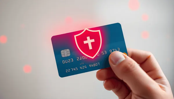 Gros plan d'une main tenant une carte de crédit avec un bouclier rouge lumineux au-dessus, symbolisant la s...