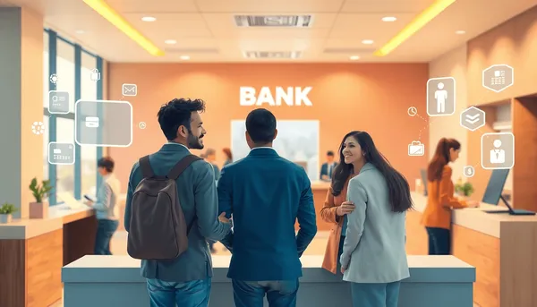 Intérieur de banque lumineux avec des clients et du personnel, présentant des icônes financières