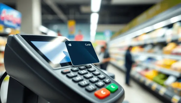 Gros plan d'un terminal de paiement moderne avec une carte de crédit générique insérée à la caisse