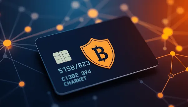 Gros plan d'une carte bancaire avec un bouclier doré et des éléments de réseau numérique lumineux