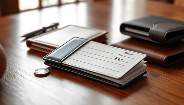 Gros plan d'un portefeuille de chèques compact sur une table en bois, à côté d'un portefeuille en cuir