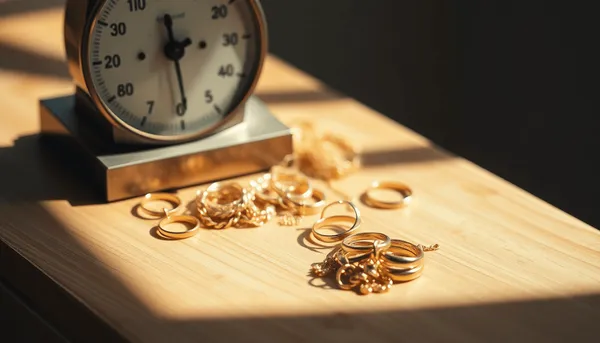 Gros plan de bagues et de chaînes en or sur du bois à côté d'une balance vintage