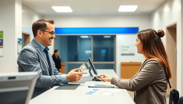 Intérieur de banque lumineux avec un guichetier sympathique assistant un client au comptoir