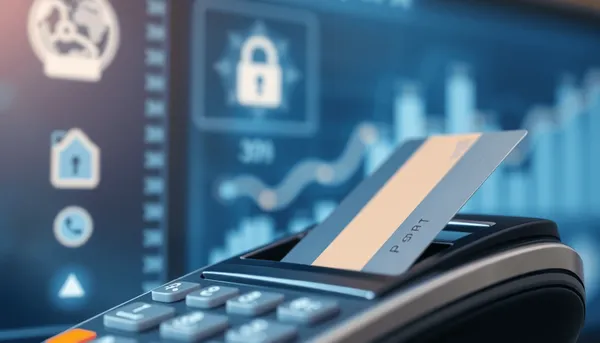 Gros plan d'une carte de crédit partiellement insérée dans un terminal de paiement élégant avec une interfa...