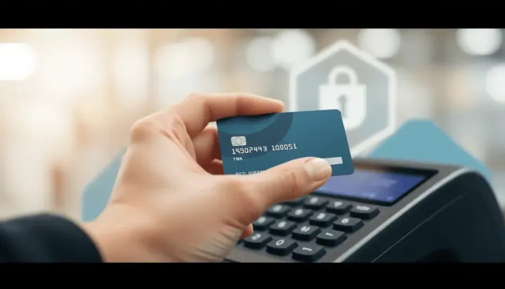 Gros plan sur une main tenant une carte de crédit près d'un terminal de paiement moderne 