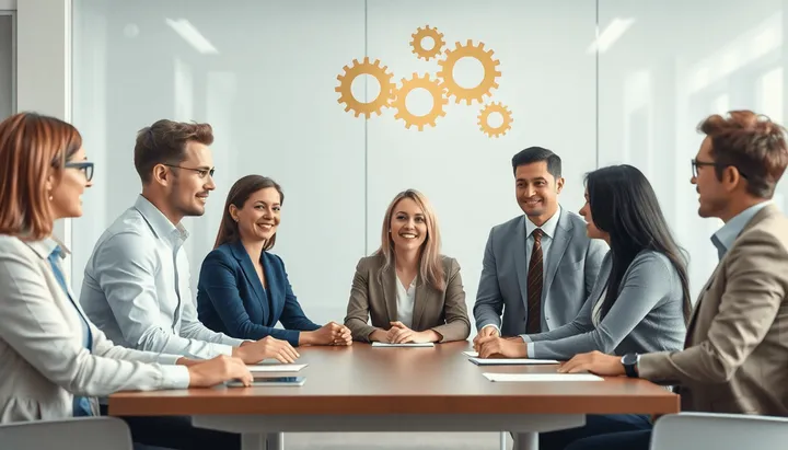 Professionnels collaborant autour d'une table avec des engrenages abstraits flottants