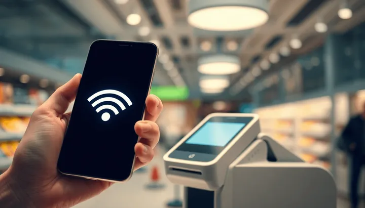 Gros plan sur une main tenant un smartphone avec un signal NFC lumineux à proximité d'un terminal de paiement