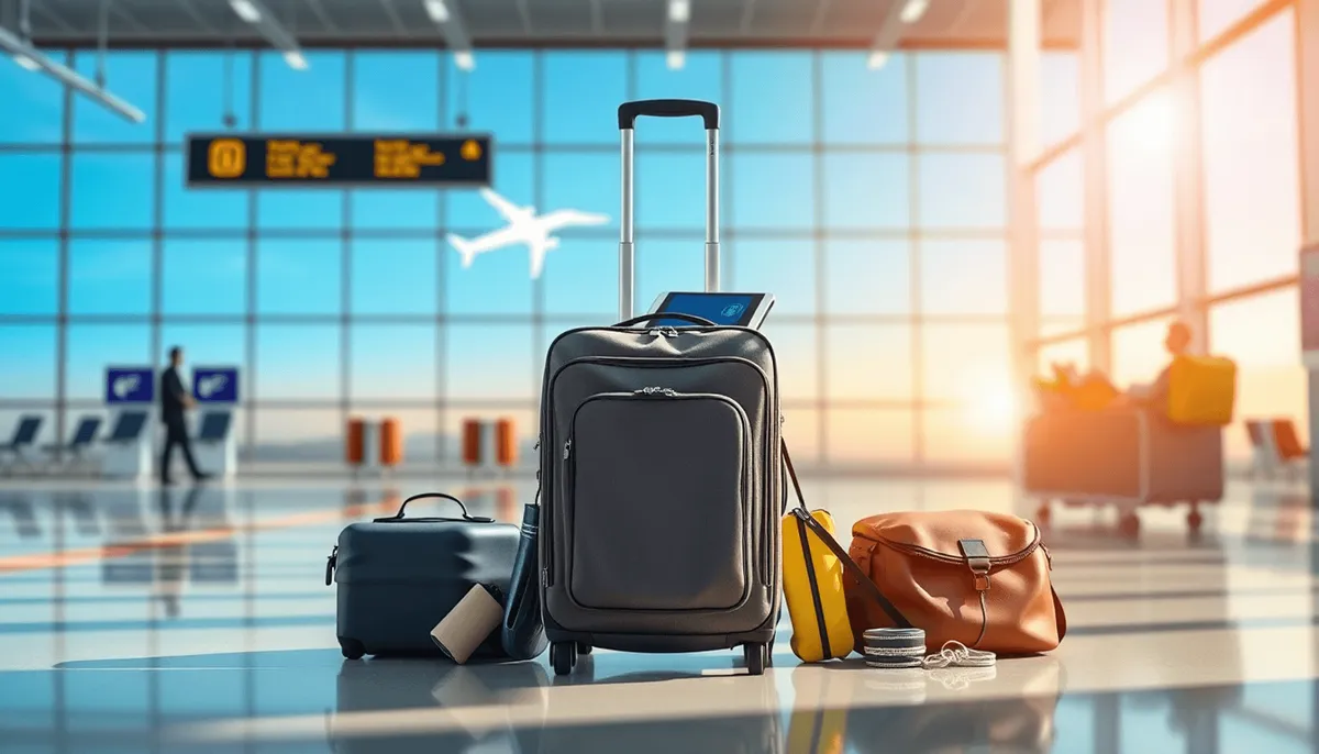 Valise légère avec essentiels de voyage, silhouette d'avion et ensemble d'icônes de conseils de voyage