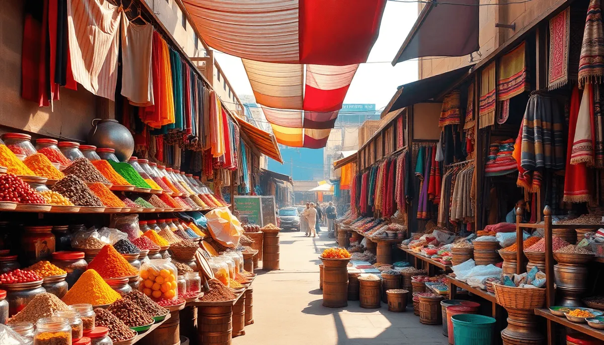 Une scène de marché animée avec des épices vibrantes, des tissus colorés et des produits artisanaux exposés...