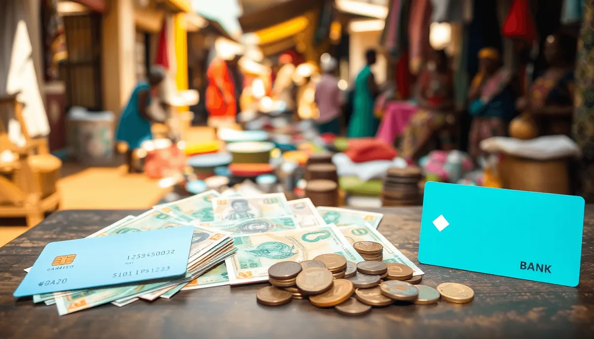 Des billets et pièces de monnaie colorés du Bénin disposés  sur une table en bois