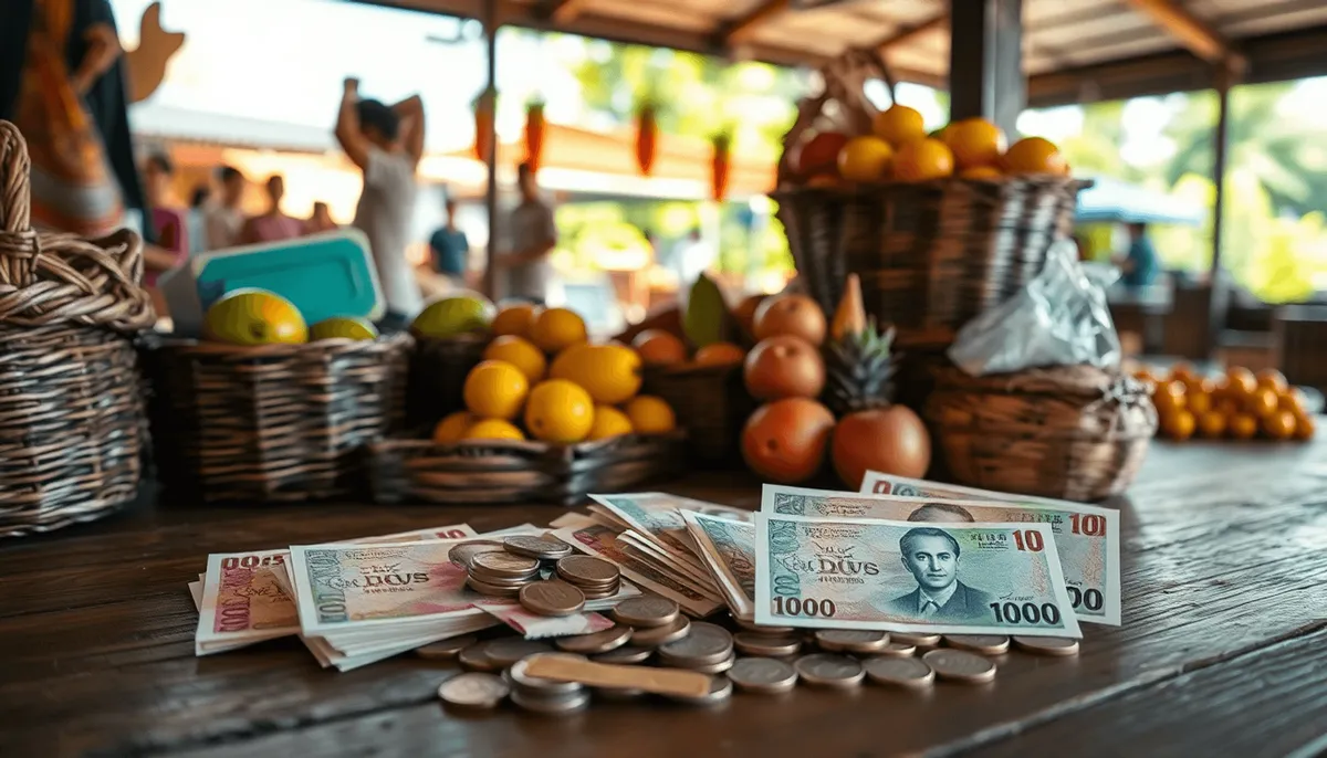 Billets de banque et pièces de monnaie colorés arrangés sur une table en bois avec des paniers faits à la m...