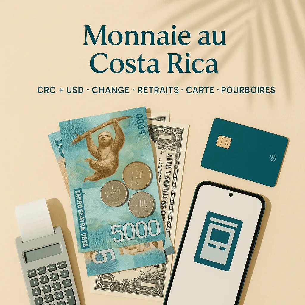 Monnaie au Costa Rica : colón (CRC) + USD, change, retraits, carte bancaire, pourboires