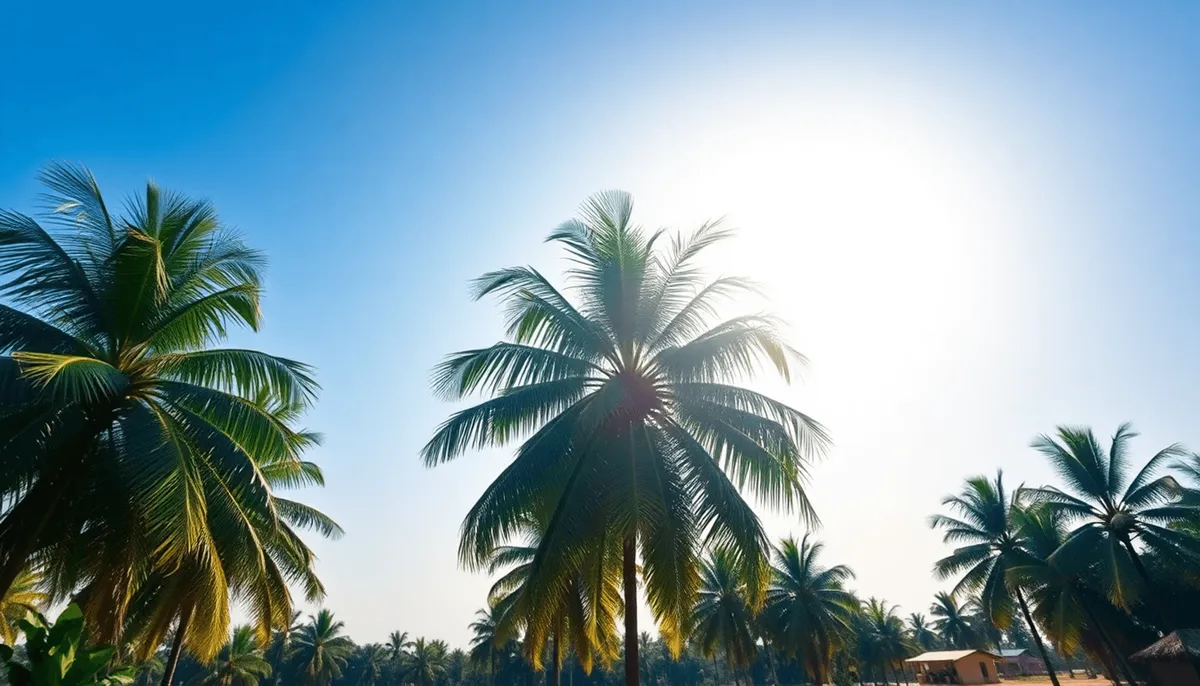 Paysage tropical minimaliste avec des palmiers verts, un ensoleillement éclatant.