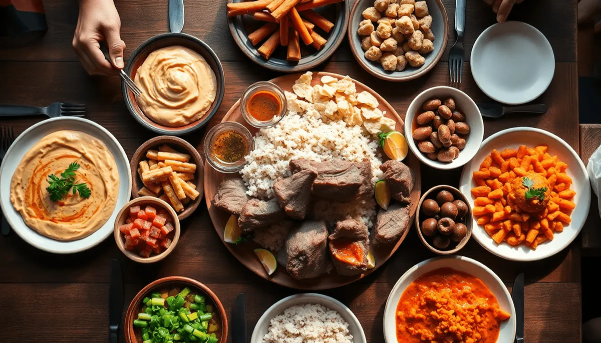  Festin jordanien coloré avec des plats de mezze et du mansaf 