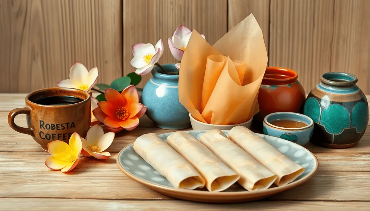Nature morte de café vietnamien, fleurs de lotus, rouleaux de papier de riz, nems sur une assiette