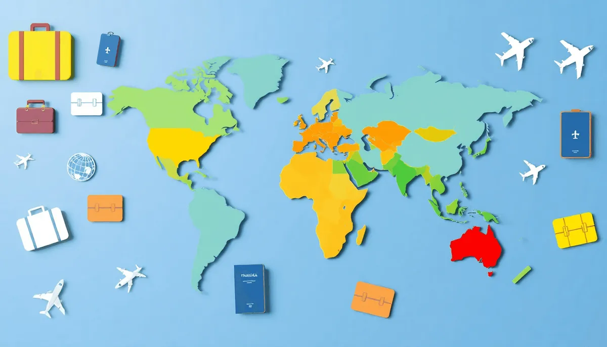 Carte du monde avec des zones de sécurité de voyage codées par couleur et des icônes de voyage