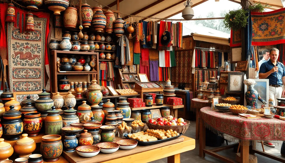Artisanat hongrois coloré, poterie, textiles et aliments artisanaux exposés sur des tables en bois dans une...