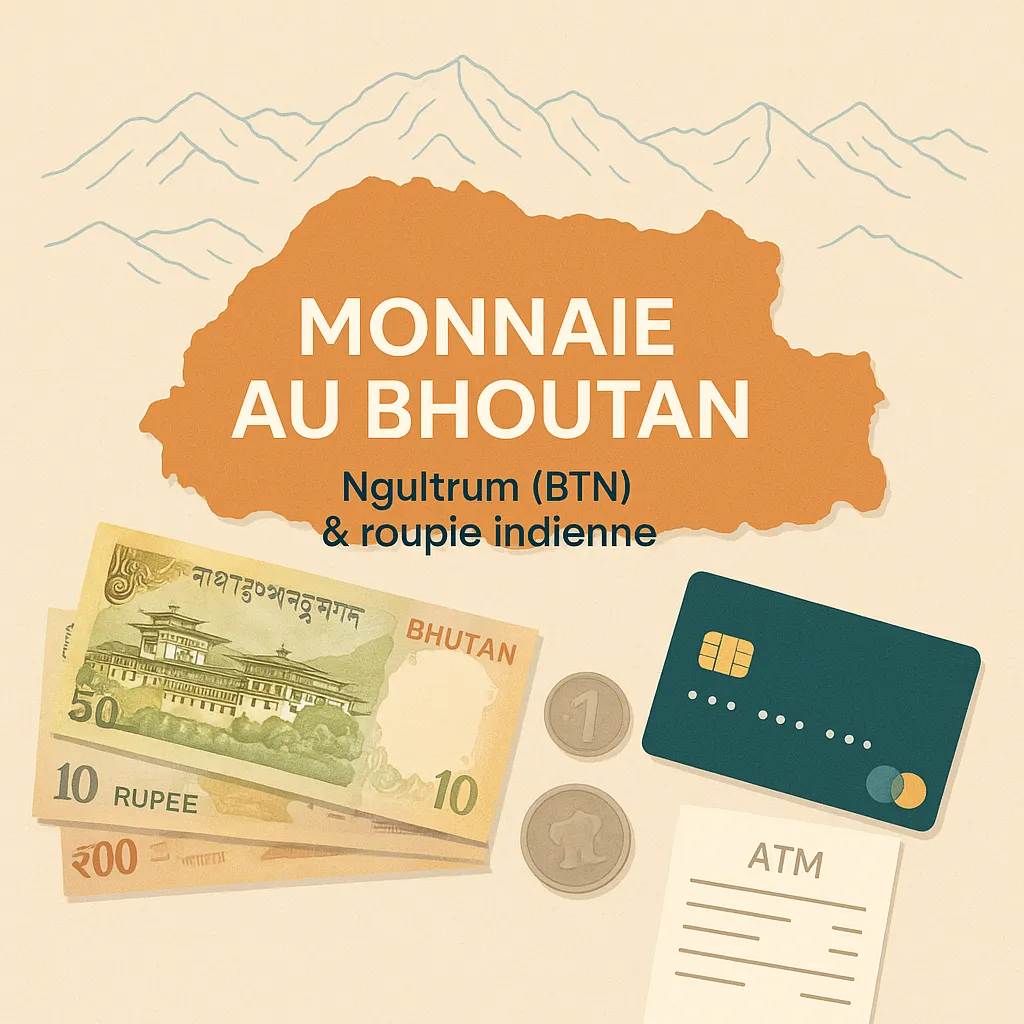 Monnaie au Bhoutan : ngultrum (BTN) + roupie indienne, change, retraits, cartes, pourboires Image de l’article