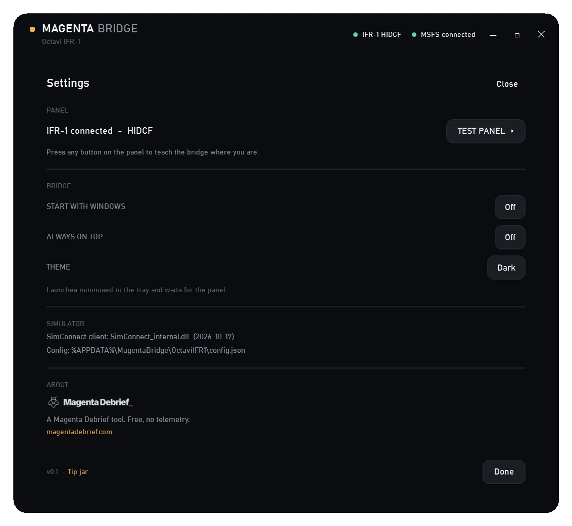 Magenta Bridge settings: IFR-1 HIDCF connected, Start with Windows and Always on top both off, dark theme, the resolved SimConnect client, and the per-device config path