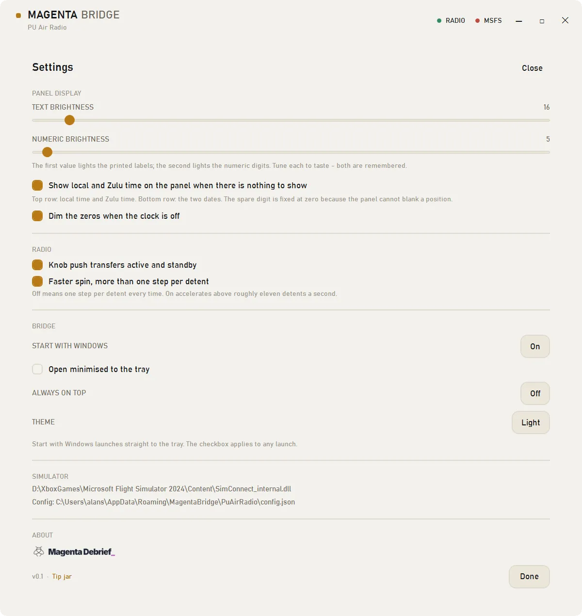 Magenta Bridge's settings in light mode: text and numeric brightness, the panel clock switched on, dim zeros on, knob push and faster spin on, start with Windows on, open minimised off, light theme, and the resolved SimConnect client with the config path.