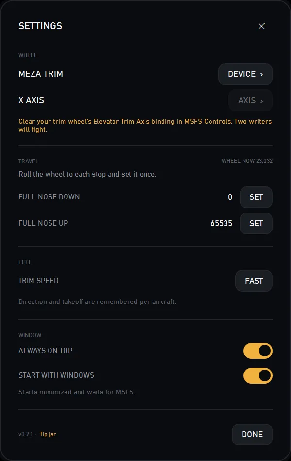 Trim Zero 0.2.1 settings panel showing the device and axis pickers, the two calibration stops, and Start with Windows switched on