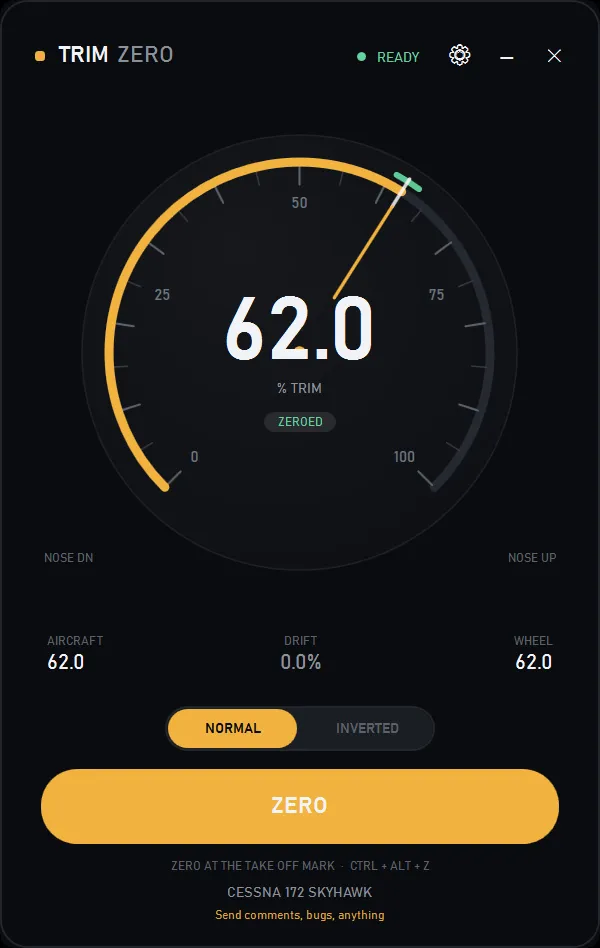 Trim Zero's dial reading 62.0 percent trim, zeroed, with the aircraft and wheel agreeing