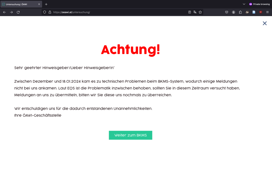 Figure 2: Statement posted after my pointing out that messages didn’t make it through the academy of science’s secure messaging system. It explains the used (BKMS-)system did not function properly between December and January 18th, that several messages did not reach the academy as a result, that the system provider has since restored functionality, and lastly asks whistleblowers to re-send messages originally transmitted during that timeframe.
