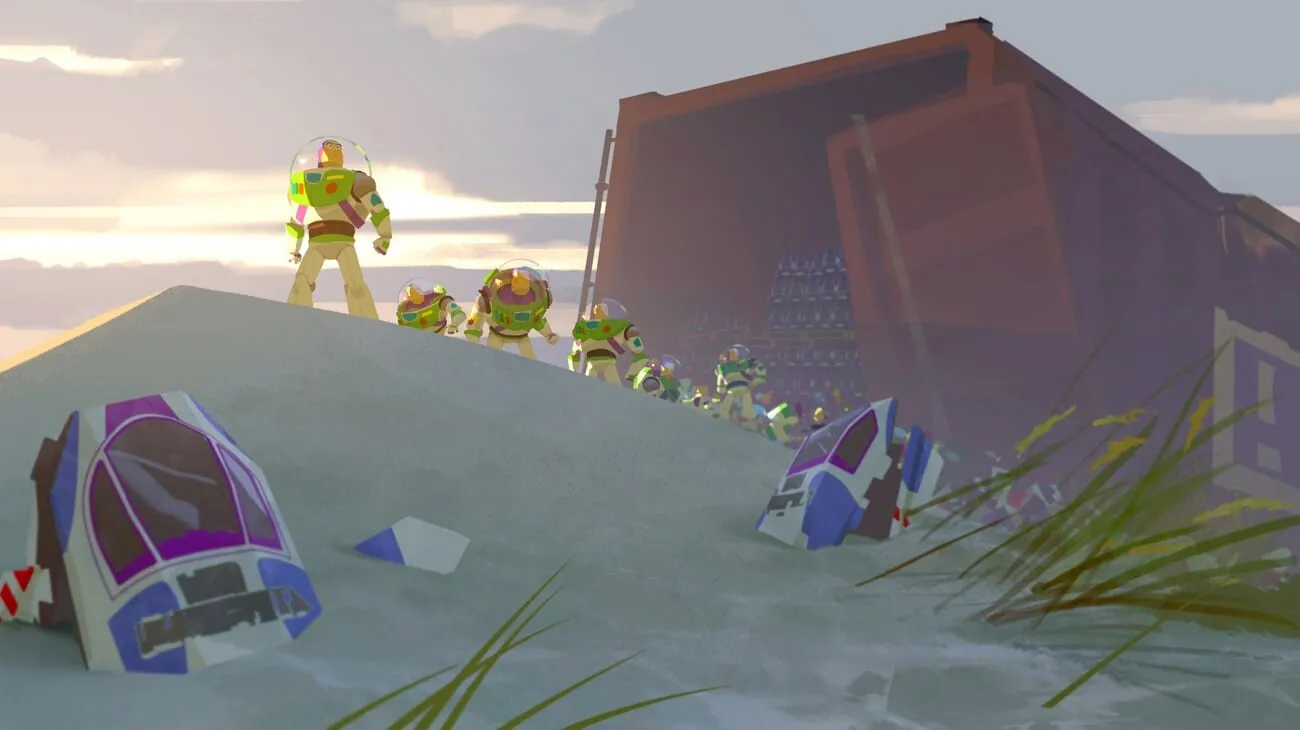 Toy Story 5 konsept çizimi: çok sayıda Buzz Lightyear figürü bir arada.
