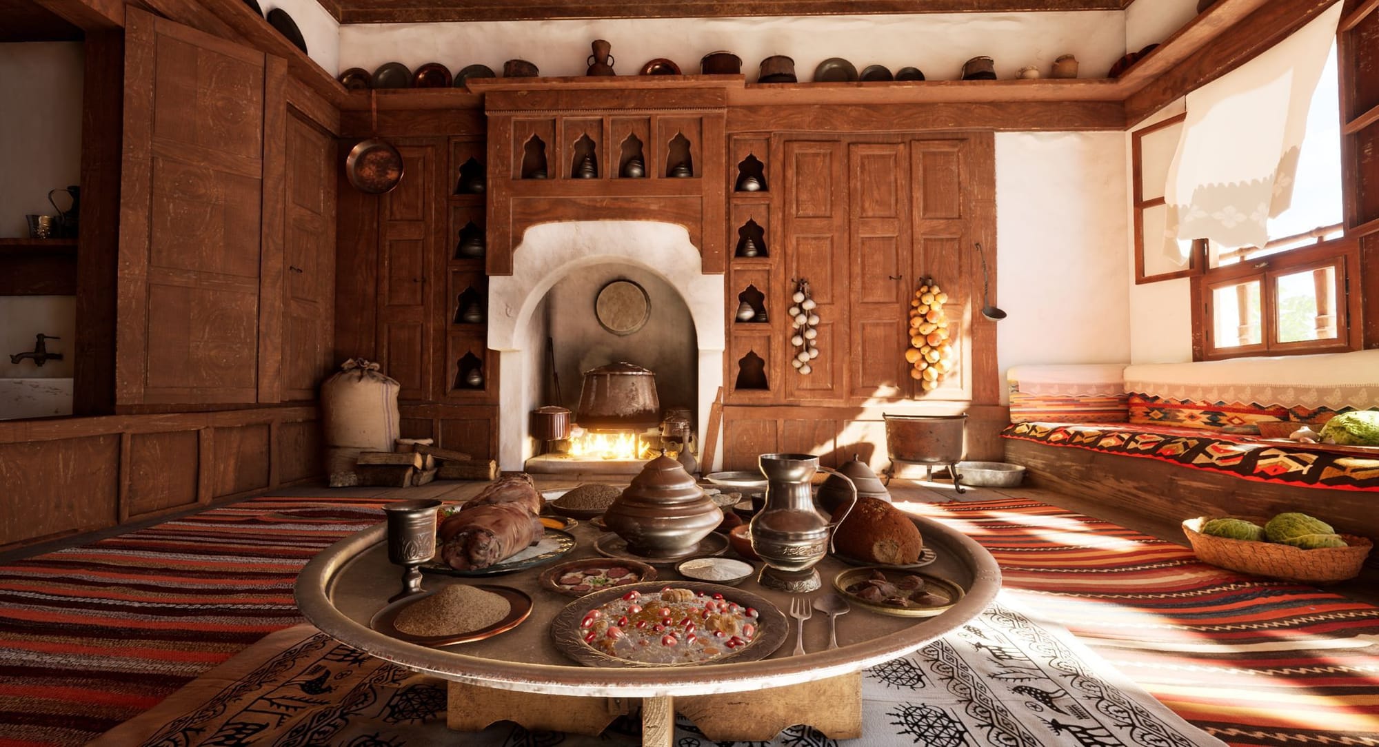 A sunlit Anatolian kitchen rendered in photorealistic VR for Journey of Wheat. Copper pots, handwoven textiles and a hearth-bound cauldron evoke the Seljuk–Ottoman culinary lineage while heirloom wheat—ground and prepared—takes center stage. Created by Muse VR Studio as the creative production for GastroDigital.