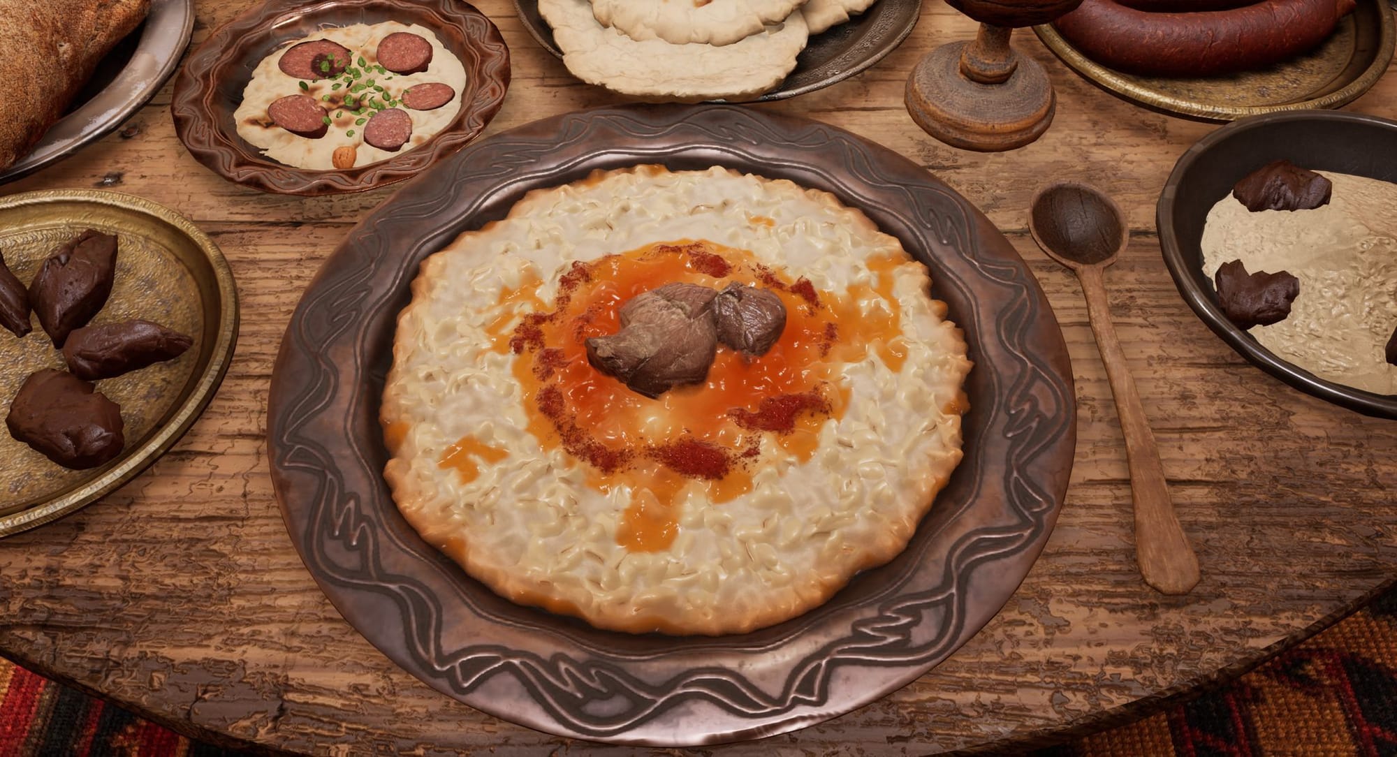 A low dining tray filled with traditional wheat dishes — hand-ground flour, flatbreads, and garnished pilaf — captured in photoreal detail. The composition highlights heirloom wheat’s textures and the ritual of communal eating that anchored Anatolian social life. Produced by Muse VR Studio for GastroDigital.