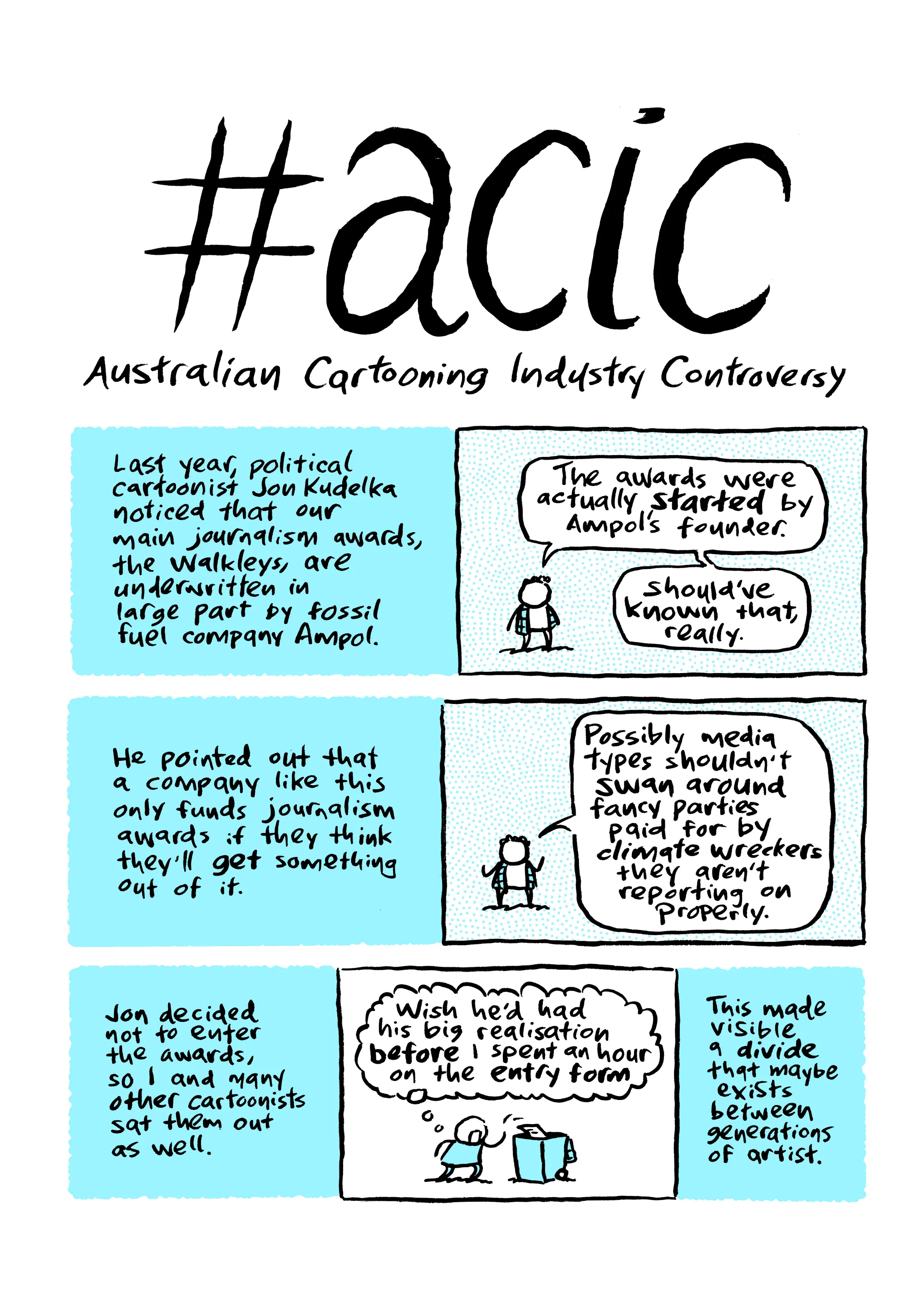 Page 1 of Australian Cartooning Industry Controversy, a comic drawn in black and white with blue highlights. On this page we see that in 2023 Jon Kudelka decided not to enter the Walkley Awards because they were underwritten by Ampol