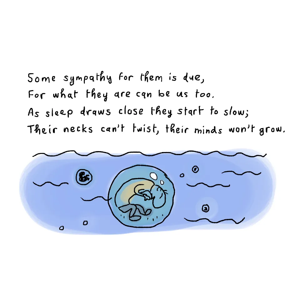 Some sympathy for them is due, for what they are can be us too. As sleep draws close they start to slow. Their necks can't twist, their brains won't grow.