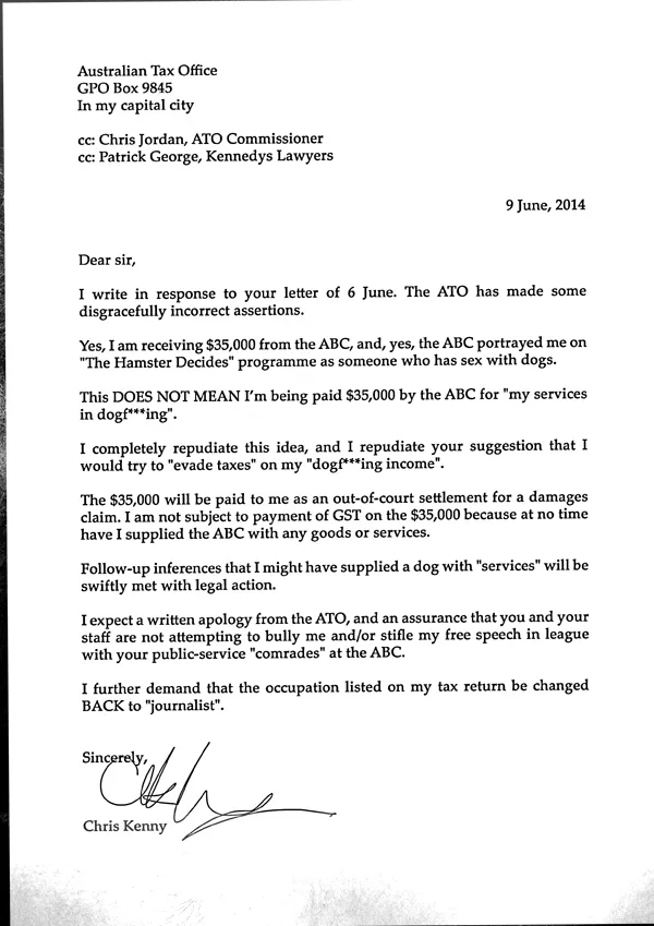 Chris Kenny's not Chris Kenny's not letter to the tax not office.