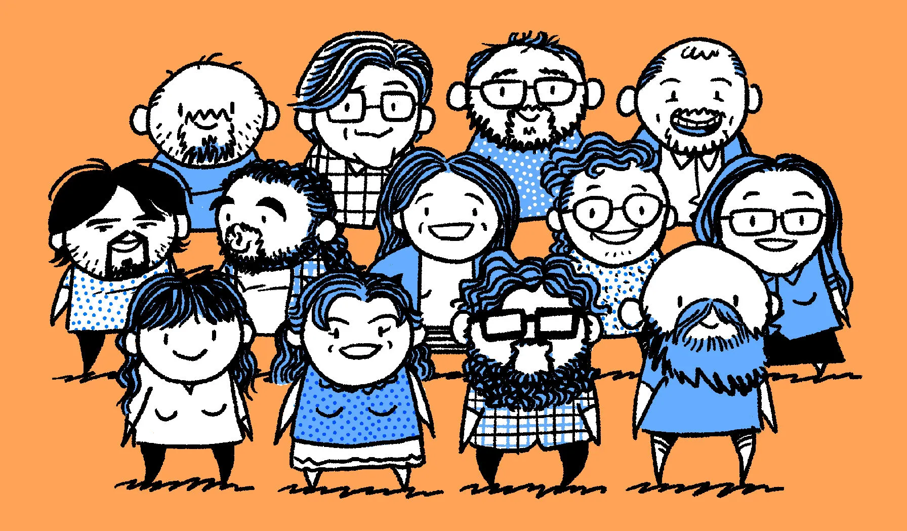 Cartoon drawing of David and all the other contributors to Squishbook