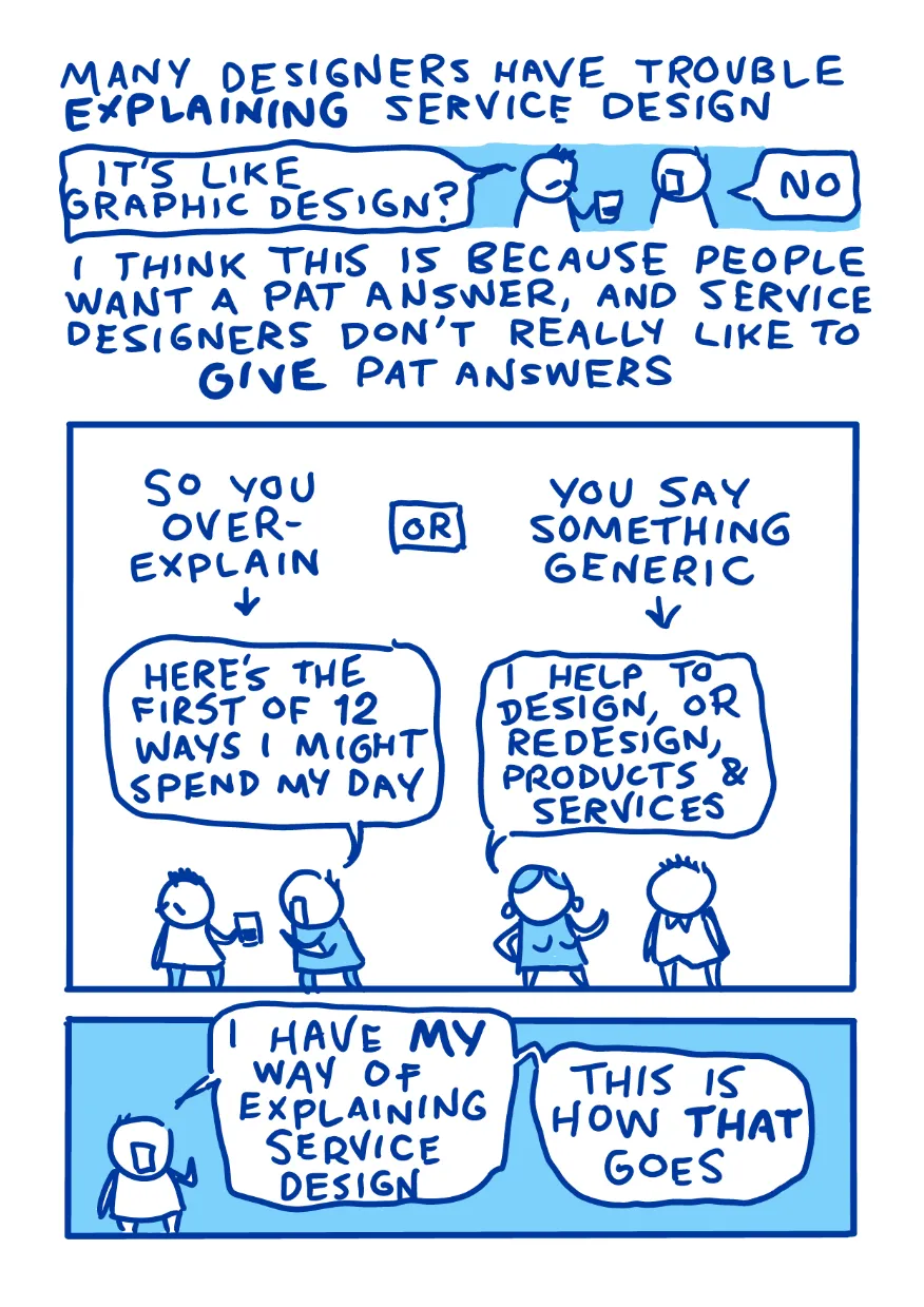 What Is Service Design (chapter 0), page 2. The drawings and characters in this comic are very simple, without features. Many designers have trouble explaining service design. I show what that looks like and introduce my own explanation.