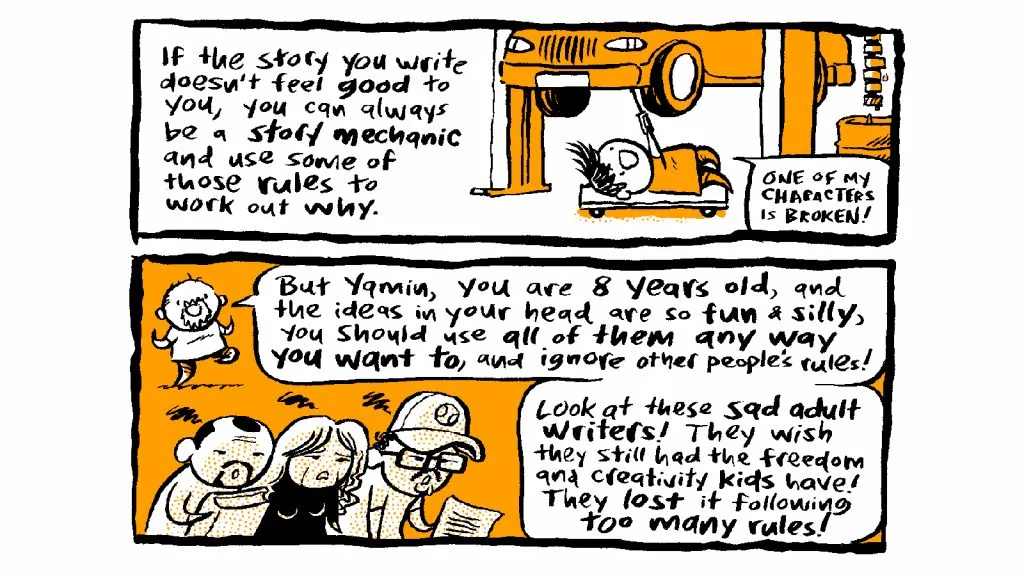 Part of a comic giving writing advice to an eight year old child.