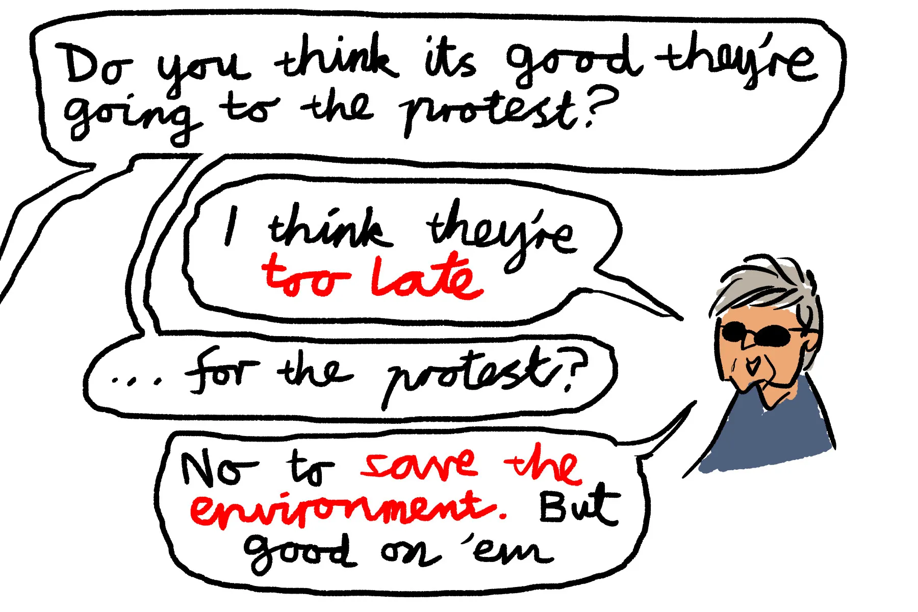 Drawing of the lady. Tristian asks her "Do you think it's good they're going to the protest?" "I think they're too late" "... for the protest?" "No to save the environment. But good on 'em"