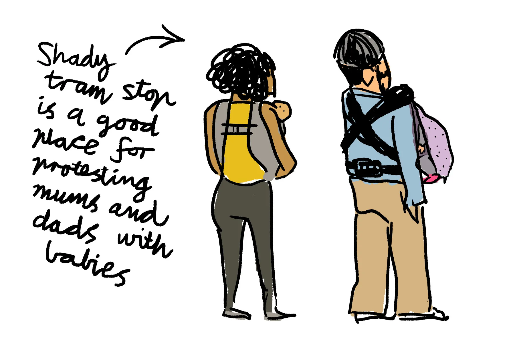 Drawing of two parents protesting with their babies in the shade