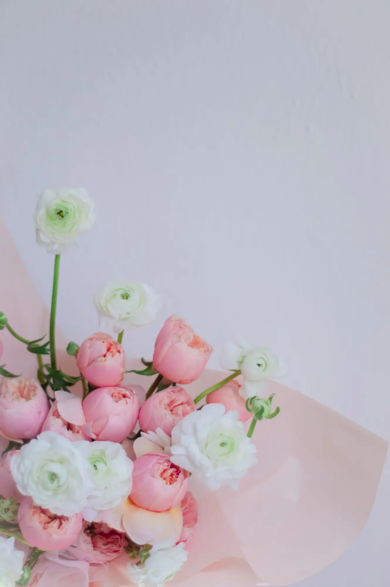 Delicate bouquet of pink peonies and white roses on a soft background. Ideal for romance or decoration themes.