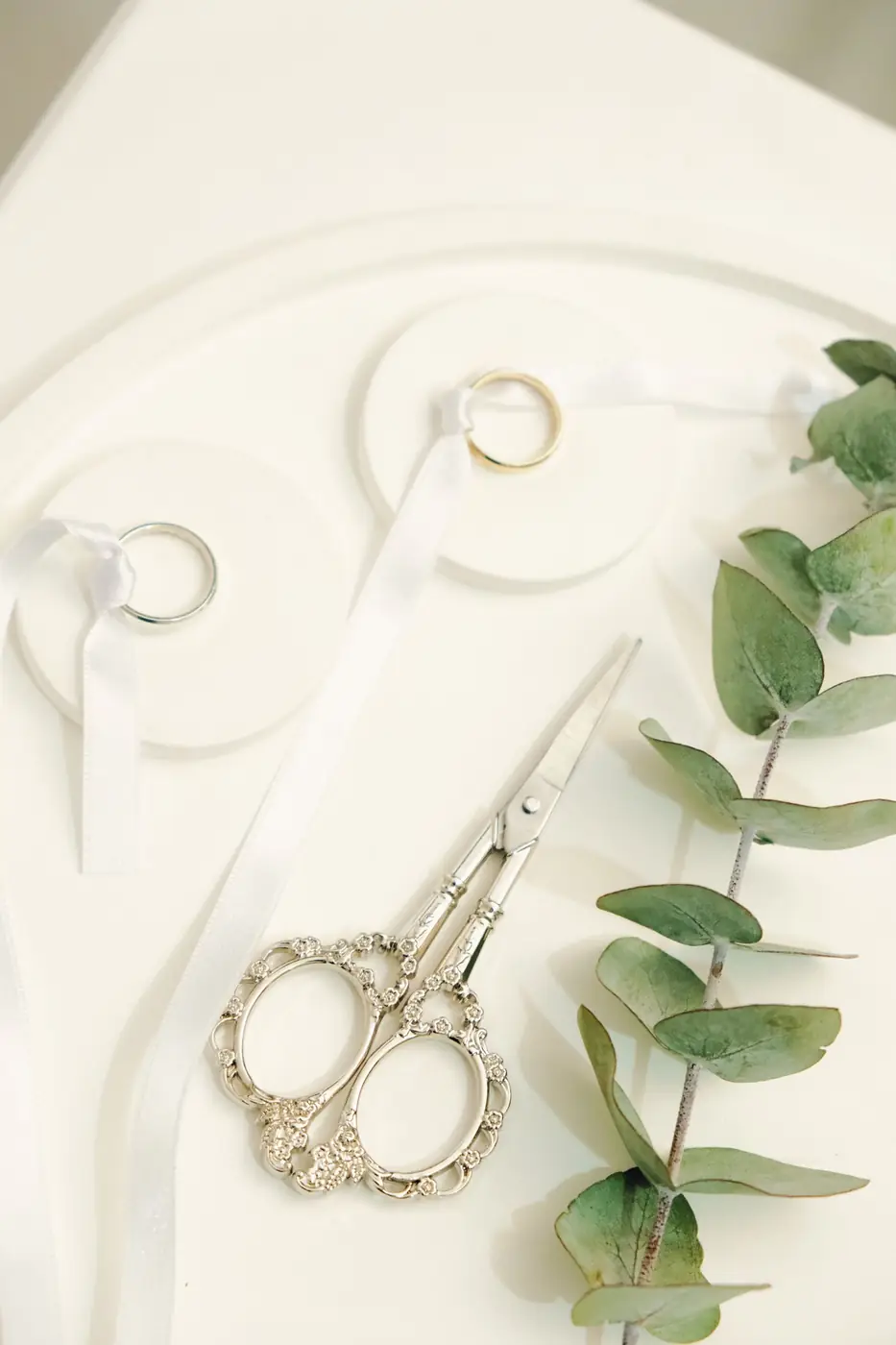 A flat lay of wedding rings, scissors, and foliage on a white background, perfect for wedding themes.