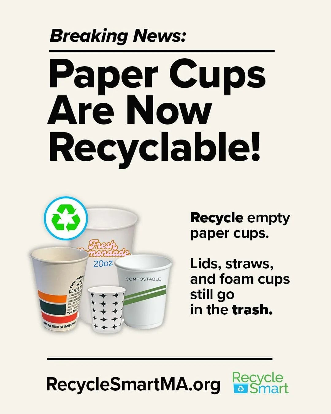 Cups are now recyclable, lids and straws go in the trash.
