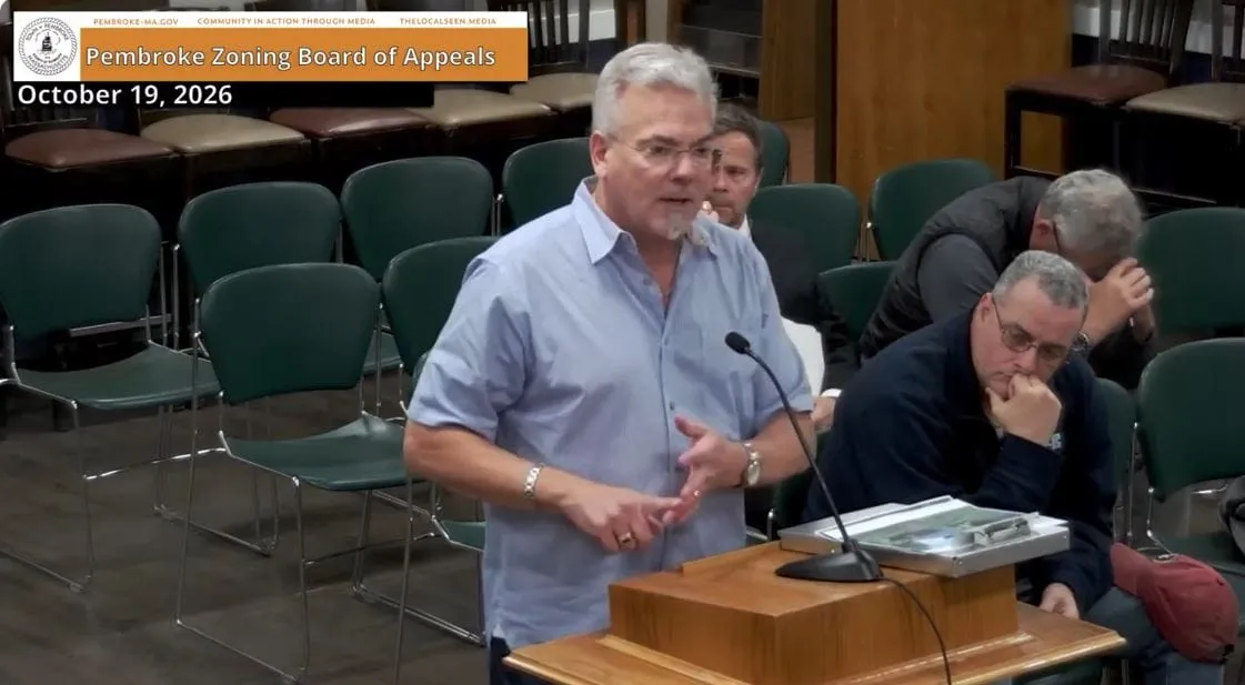 Chris Perry, a member of the Veteran's Memorial Park Revitalization Working Group speaks before the Pembroke Zoning Appeals Board. Photo from Zoning Board of Appeals video, Oct.19, 2026.
