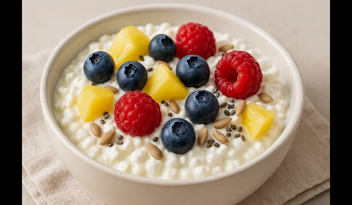 Cottage cheese high-protein breakfast bowl.